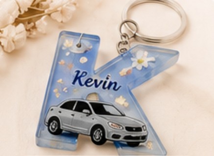 Chaveiro letra K com carro e nome Kevin